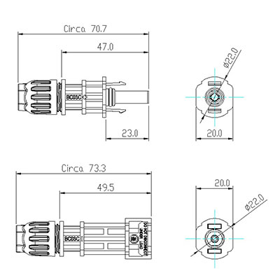 Connecteur photovoltaïque BC03C (Coupleur de câble femelle et mâle)